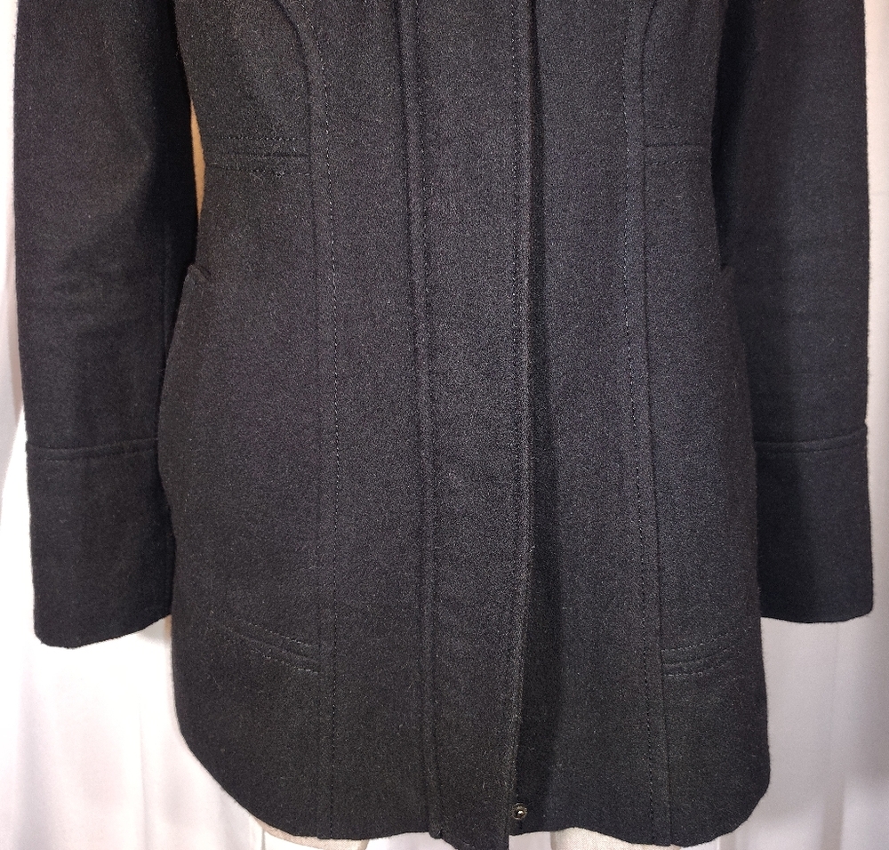 Guess Wool Pea Coat, Women Hooded, Black ButtonUp Pockets, Collar, Lining, S/M - Picture 8 of 15